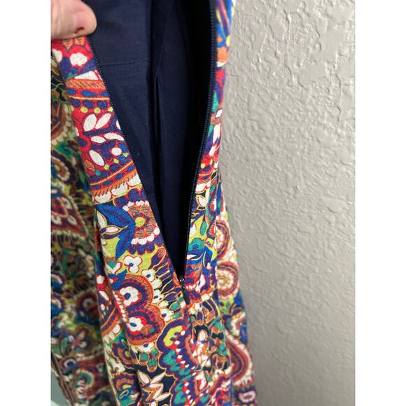 Lands End Linen Sundress 20W Multi Color Geometric Floral Pockets Short Beachy - Picture 4 of 9